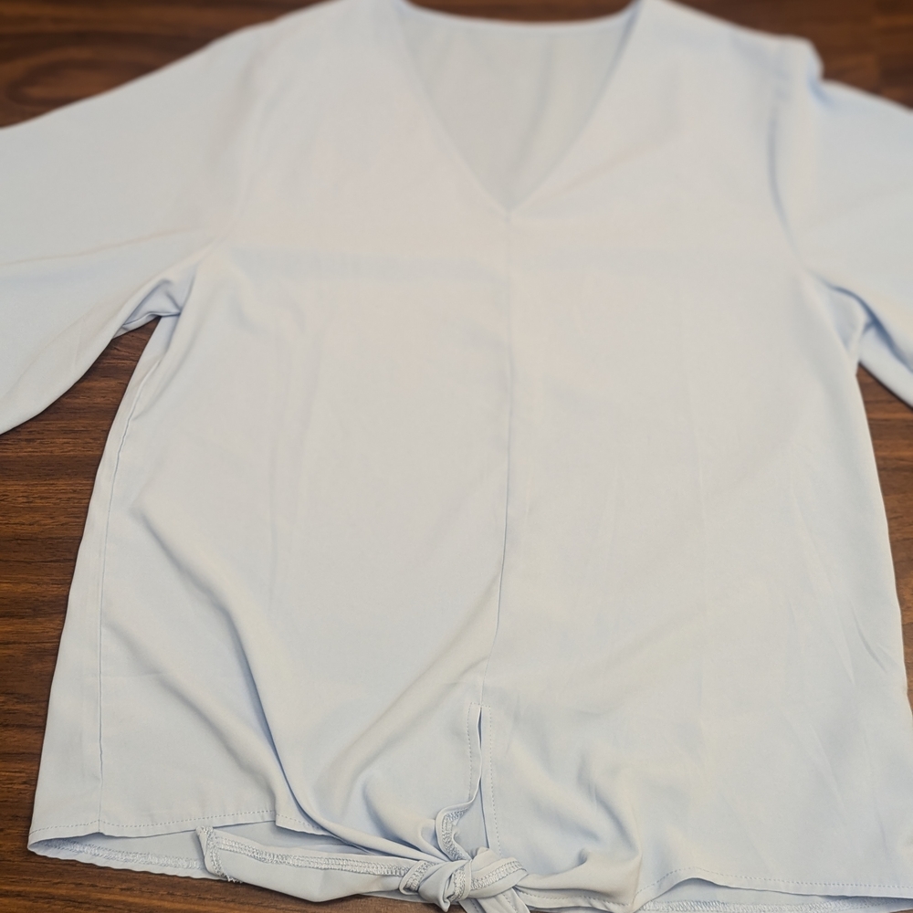 Gray Blouse with Crew Neck 3/4 Sleeve and Tie Front